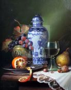 § Raymond Campbell (b.1956)oil on canvasStill life with fruit beside a delft vasesigned19.25 x 15.