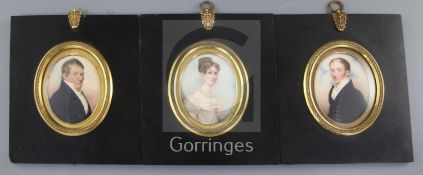 Early 19th century English School3 oils on ivoryPortrait miniatures of a bride, a gentleman in