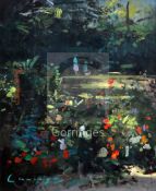 § Fred Cuming (b.1930)oil on board'Garden, August'signed11.5 x 9.5in.