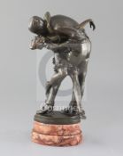 Bruno Zach. A bronze group of embracing dancers, on pink marble plinth, height 11.5in.