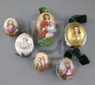 Six Russian porcelain Easter eggs depicting Orthodox Church figures, late 19th/early 20th century,