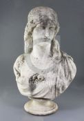 A Victorian carved white marble bust of a medieval lady, with roses on her breast, height 25in.