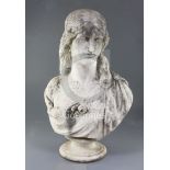 A Victorian carved white marble bust of a medieval lady, with roses on her breast, height 25in.