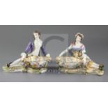 A pair of 19th century Minton reclining figures with baskets in Dresden style, c.1840, factory