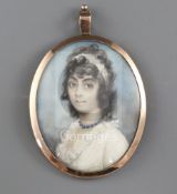 18th century English Schooloil on ivoryMiniature portrait of a lady wearing a blue bead necklace2.