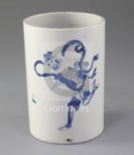 A Chinese underglaze blue and copper red brush pot, late 19th century, painted with the figure of