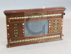 A Burroughes & Watts mahogany snooker and billiards scoreboard, with ivory pointers and central