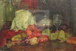 20th century Russian Schooloil on canvasStill life of vegetables and a tureen on a table top19.5 x