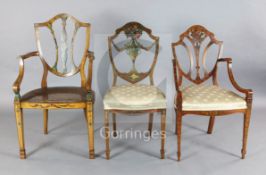 Three Sheraton revival painted satinwood salon chairs