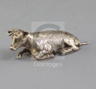 An Edwardian novelty silver snuff box modelled as a recumbent cow, import marks for Berthold Muller,