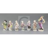 A Meissen figure of a baker and six Meissen 'Cupid in Disguise' figures, all c.1750-70, underglaze