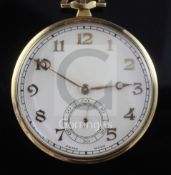 A Dennison case 18ct gold open face keyless lever pocket watch, with Arabic dial and subsidiary