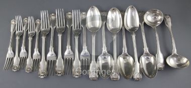 A William IV and later fiddle, thread and shell pattern silver part service of flatware, London