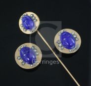 A late 19th/early 20th century French 18ct gold, lapis lazuli and rose cut diamond scarab cravat pin