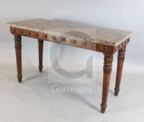 A George IV oak rectangular side table, with plain frieze, the top surmounted by a black and sepia