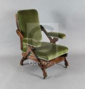 A Victorian Reformed Gothic walnut and marquetry 'Reclining Chair', designed by Charles Bevan, c.