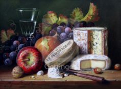 Raymond Campbell (b.1956)oil on boardStill life with a glass of wine, cheese and fruitsigned11.5 x