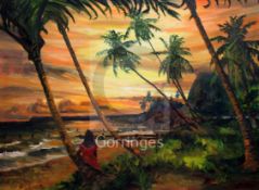 Edwin Hingwan (1932-1976)oil on canvas boardTrinidad; coastal scene at sunset with woman seated