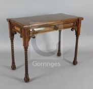 A Victorian Gothic revival walnut and marquetry rectangular card table, in the manner of Lamb of