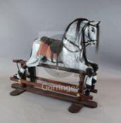 A Robert Foster of Hartfield dapple grey rocking horse, dated 1997, with glass eyes, on a mahogany