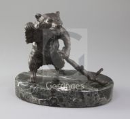 Lanceray. A bronze watch stand, modelled as a bear holding a tree branch, signed, green marble base,