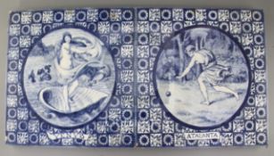A pair of large Minton, Hollins & Co. hand painted blue and white tiles 'Venus' and 'Atalanta', c.