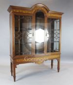 An Edwardian inlaid mahogany display cabinet, with arched central panel flanked by astragal glazed