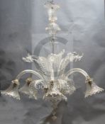 A 20th century Venetian glass six light chandelier, with flower and foliate motifs, drop 3ft 8in.