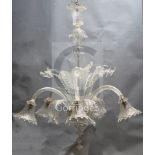 A 20th century Venetian glass six light chandelier, with flower and foliate motifs, drop 3ft 8in.