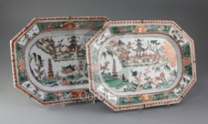 A pair of Chinese export famille verte canted rectangular meat dishes, Kangxi period, each painted