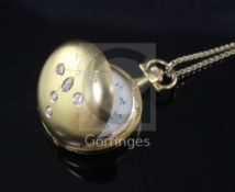 A 14ct gold and diamond set fob watch, on a 14ct gold box link chain, with Arabic dial and case