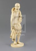 A Japanese ivory okimono of a fisherman, Meiji period, holding two pots and a basket of fish,