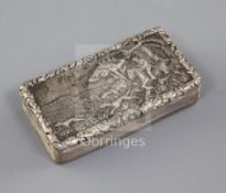A George IV silver rectangular snuff box, the lid decorated in relief with a hunting scene, Edward