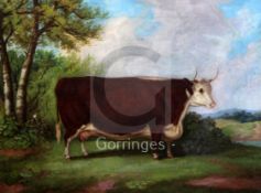 Richard Whitford (c.1821-1890)oil on canvasPortrait of a prize cow standing in a landscape18 x