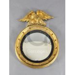 A Regency giltwood and ebonised circular convex mirror, with reeded slip and with sphere applied