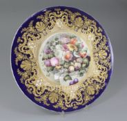 An English porcelain circular plaque, mid 19th century, the centre painted with two birds amid a