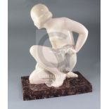 A French Art Deco crackle-glazed pottery model of a kneeling lady, signed M de Thierry, height 50cm