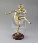 René Varnier. A bronze figure of a nude dancer, signed and inscribed Motile de Guerre, on red marble