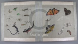 A Japanese concertina book of naturalistic paintings on silk, Meiji period, double sided and painted