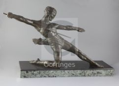 A French Art Deco bronze figure of a javelin thrower, on two colour marble base, signed Deloux,