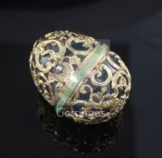 A French gold overlaid bloodstone hinged box shaped as an egg, with rose cut diamond set button, the