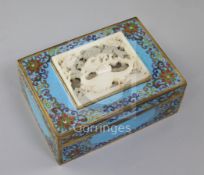 A 19th century Chinese rectangular cloisonne enamel box, mounted with a 17th/18th century white jade