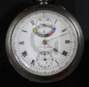 An early 20th French century gun metal Mensor double sided chronograph keyless open face pocket