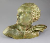 Salvator Riolo. An Art Deco bronzed spelter head of an aviator, signed, 11in.