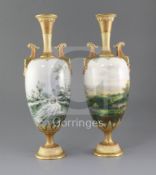 Harry Davis for Royal Worcester. A rare pair of 'Summer' and 'Winter' vases, the Summer scene vase