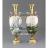 Harry Davis for Royal Worcester. A rare pair of 'Summer' and 'Winter' vases, the Summer scene vase