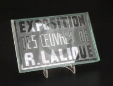 An inter-war period 'Exposition Des Oeuvres De R. Lalique' exhibition plaque, introduced in 1928, in