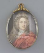 Late 17th century English Schoolwatercolour on parchmentMiniature of a gentleman wearing red