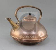 An Arts & Crafts copper compressed spherical kettle, by W.A.S. Benson, c.1895, with basket weave