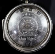 An early 18th century silver pair cased keywind verge pocket watch by Peter? Harvey, Brantree,